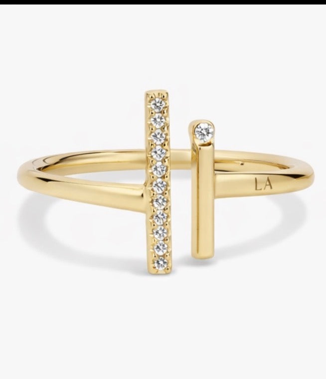 Aurora Double Bar Ring by Luxe Alchemy with pavé diamonds in 14k gold minimalist design.