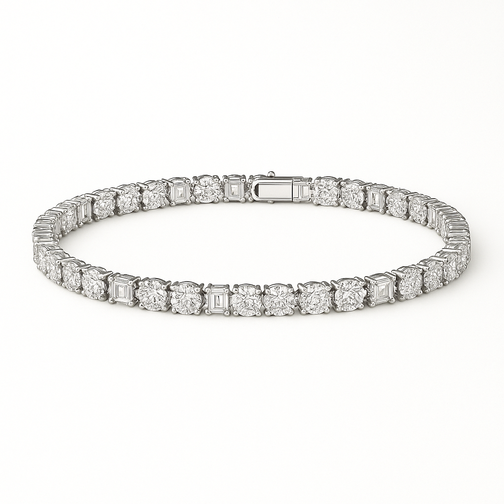 Luxe Alchemy diamond tennis bracelet in white gold with round and baguette diamonds
