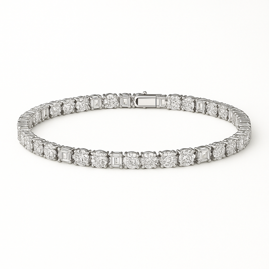Luxe Alchemy diamond tennis bracelet in white gold with round and baguette diamonds