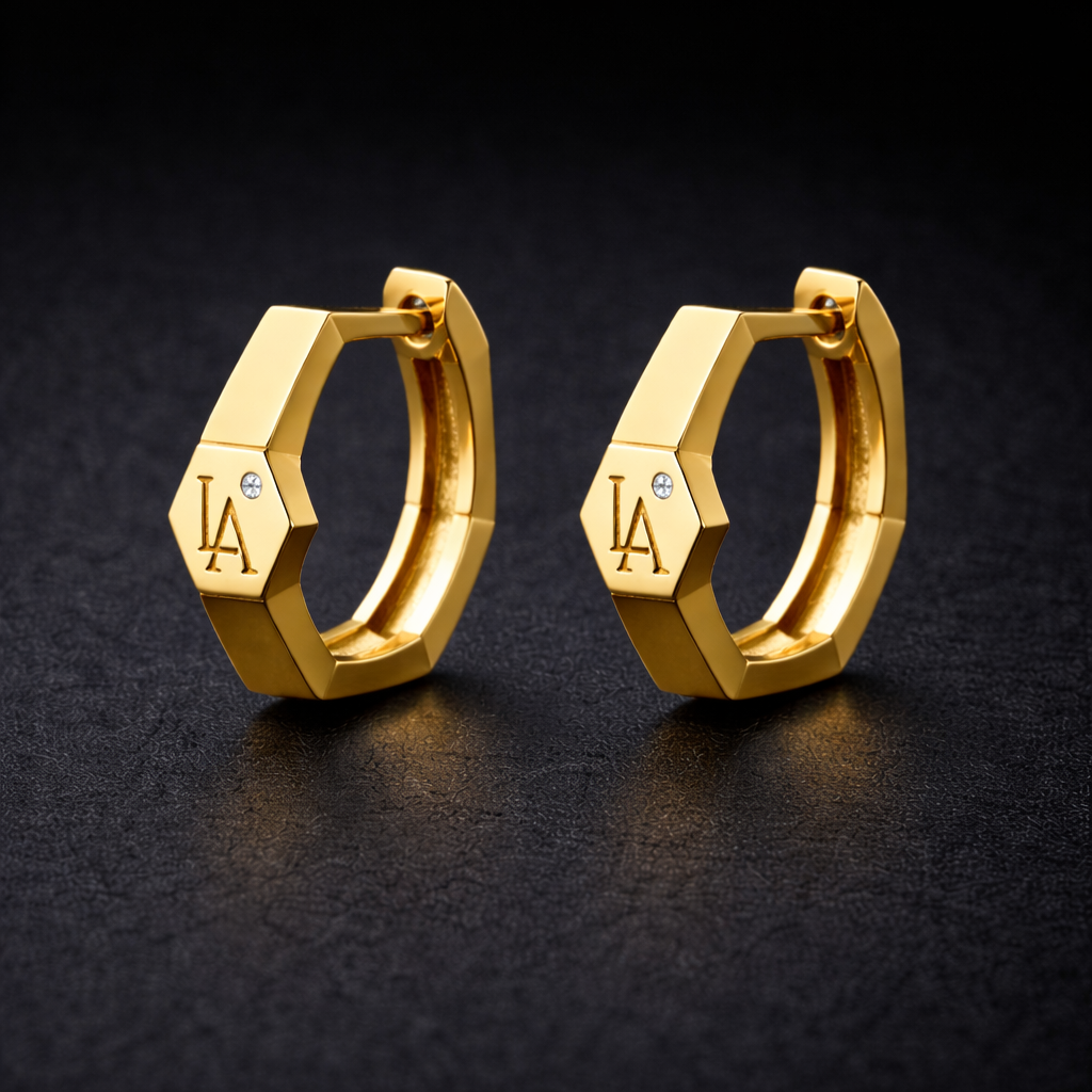 Facet Icon Earrings in 18K gold with geometric faceted design and diamond detail Luxe Alchemy