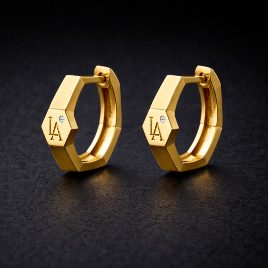 Facet Icon Earrings in 18K gold with geometric faceted design and diamond detail Luxe Alchemy