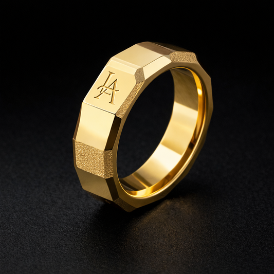 Facet Icon Ring in 18K gold with geometric faceted design and Luxe Alchemy engraving