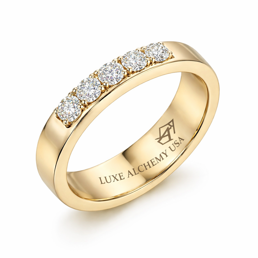 18K yellow gold diamond half eternity ring with round brilliant diamonds - Luxe Alchemy USA