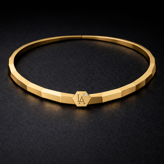 minimalist gold necklace with geometric design and LA logo in 18k gold