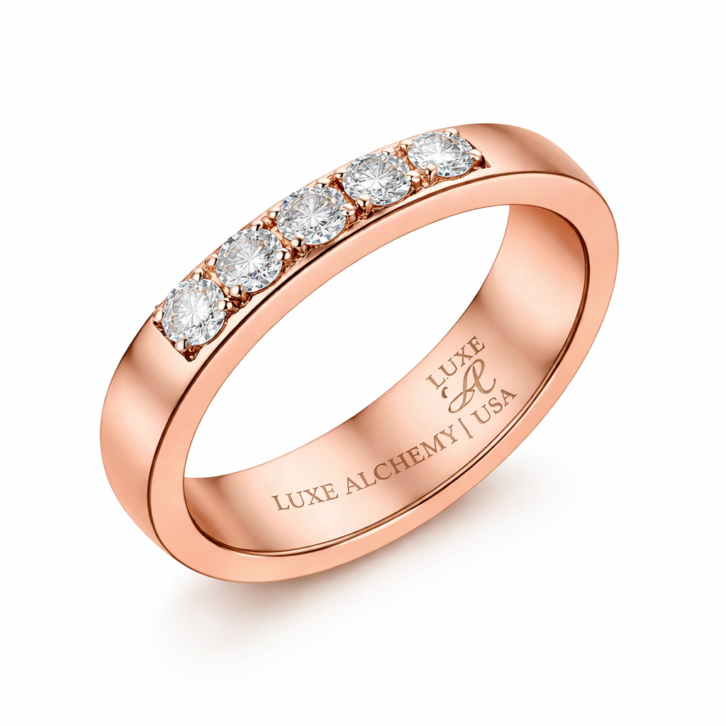 rose gold diamond band ring with round diamonds luxury jewelry by Luxe Alchemy